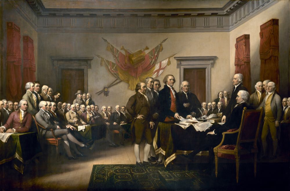 A magnificent historical rendering of the signing of the Declaration of Independence in Philadelphia in 1776.