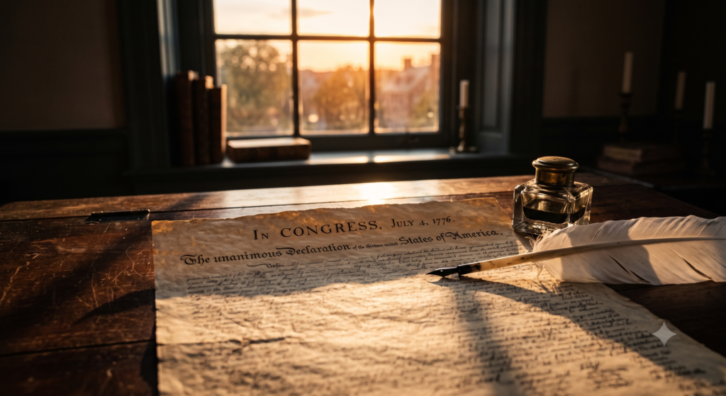 A cinematic, dramatic close-up shot of an 18th-century writing desk inside a sunlit room at dusk. An antique inkwell sits next to a pristine quill pen resting upon a heavily textured, vintage parchment document. The heading of the parchment clearly displays the handwritten words "In Congress, July 4, 1776." Warm golden hour sunlight streams through a multi-paned glass window in the background, casting long shadows across the dark wooden table. The atmosphere is solemn, reverent, and deeply patriotic, utilizing high-contrast lighting and deep amber and mahogany tones.