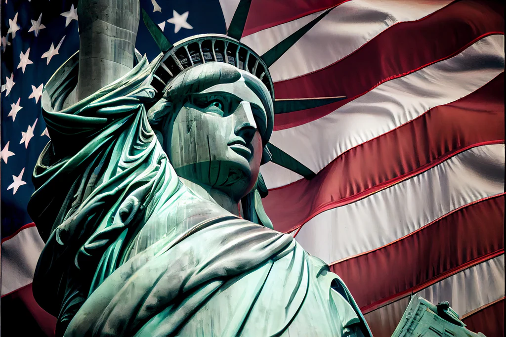 A dramatic close-up art illustration of the Statue of Liberty's face and crown, positioned in the foreground against a beautifully rendered, sweeping American flag with vivid red and white stripes and white stars on a dark blue field.