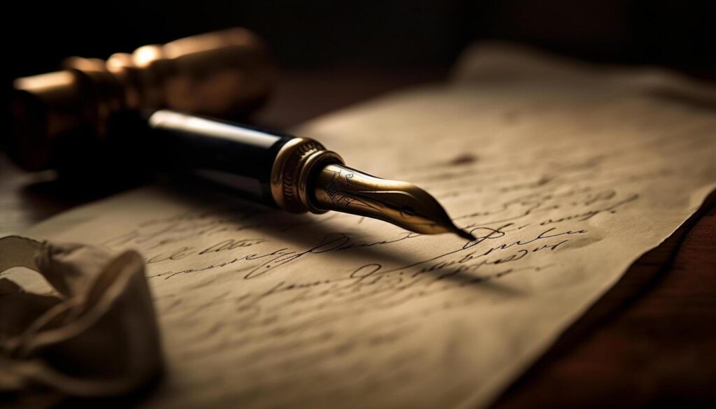 An historic quill pen and inkwell resting on an antique parchment paper document, representing the drafting of the Declaration of Independence in June 1776.