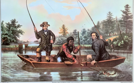 A historical painting depicting colonial fishermen rowing a boat across a dark, foggy river at night.