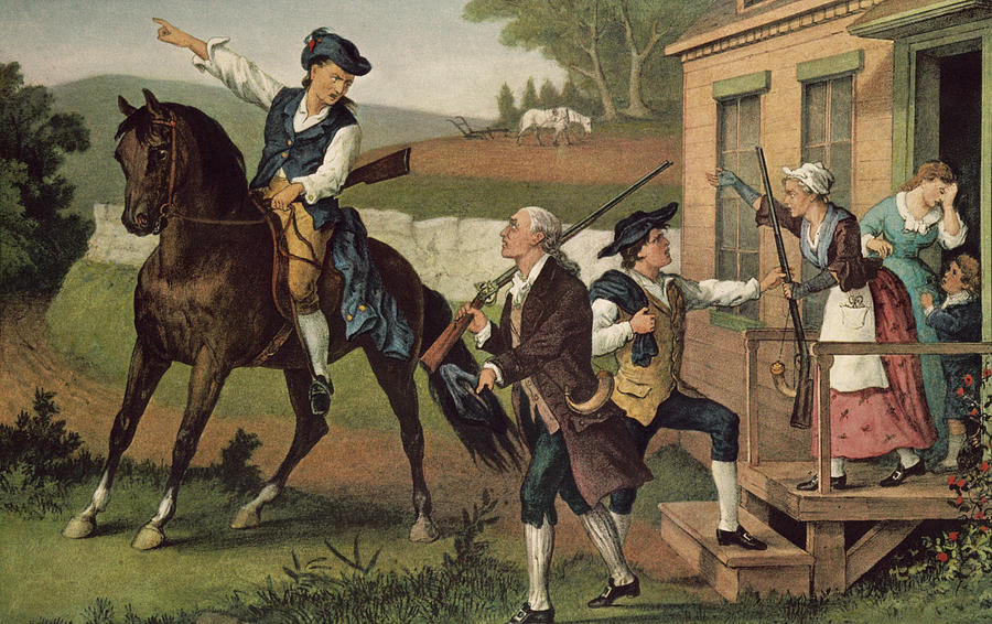 A historic Currier and Ives color lithograph titled 'Minute Men of the Revolution', showing a colonial rider on a dark horse pointing into the distance to warn a family, while a young man and an older man grab their muskets and prepare to leave their home.