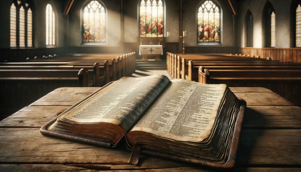 A beautiful historic church Bible open on a wooden table, representing the foundational anchor of faith.